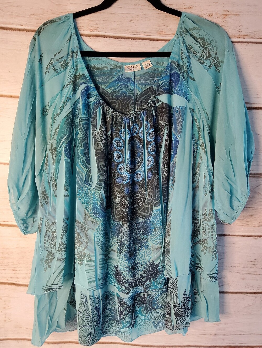 Cato Aqua Blue Paisley Sheer Layered Tunic